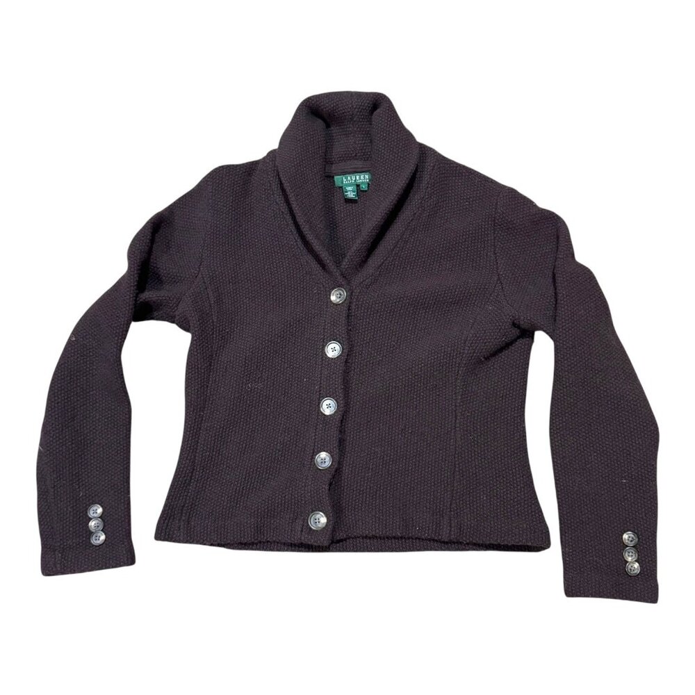 Ralph Lauren Charcoal Gray Lambswool Cardigan Sweater Fitted Button Front Large